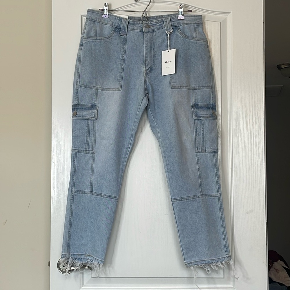 Kancan Winston High Rise Light Wash Cargo Slim Straight Jeans Size 13 / 30